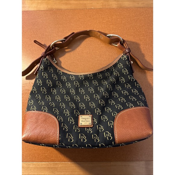 Dooney & Bourke Signature Crescent Shoulder Bag Brown Beige Canvas Leather Trim - Picture 1 of 16